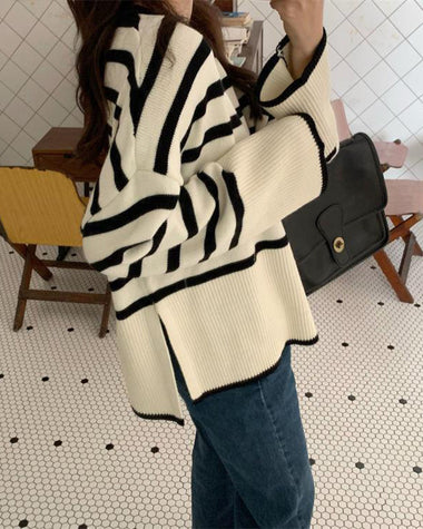Round Neck Striped Sweater Top Loose Side Slit Pullover Sweater