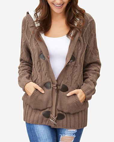 Casual Loose Fitting Fluffy Button Down Knitwear Coatigan Chunky Cable Hooded Cardigan