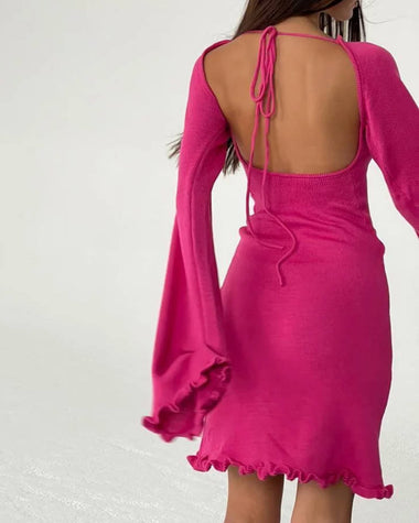 Elegant Backless Lace-up Bell Sleeve Ruffled Hem Mini Dress