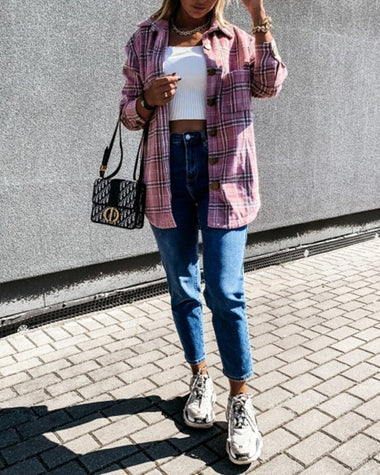 Flannel Plaid Shirts Batwing-Sleeve Button Down Roll Up Long Sleeve Collar Streetwear Blouse Tops