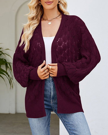 Solid Color Hollowed Out Knitted Cardigan Loose V-Neck Long Sleeved Cardigan Top