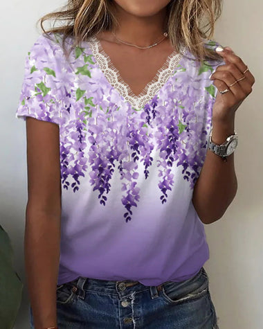 Summer Tee Tops Lace Trim Tunic Short Sleeve V Neck Boho Floral Print Shirts