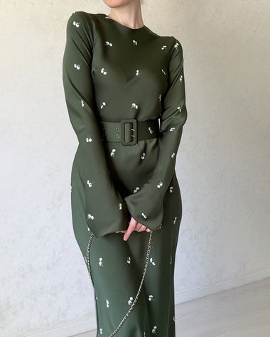 Long Sleeve Slim Fit Ruffled A-line Maxi Dress