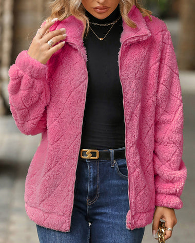 Zipper Plaid Fleece Pockets Women's Coat Cardigan