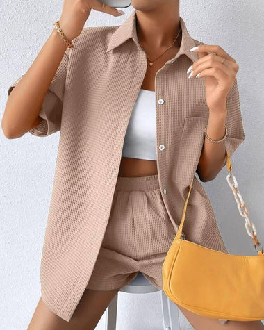 casual two piece short sleeve lapel cardigan top and shorts loungewear sets