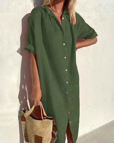 Turn-Down Collar Short Sleeve Single Breasted Loose Shirt Dress Solid Color Summer Beach Dresses