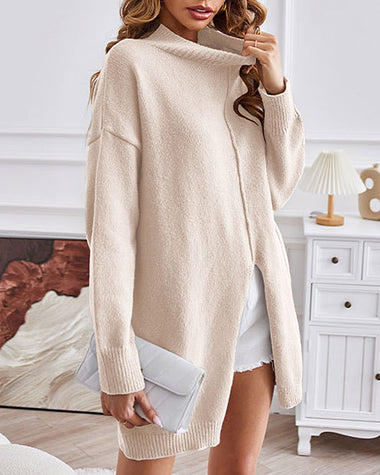 Turtleneck Slit-front Mid-Length Sweater