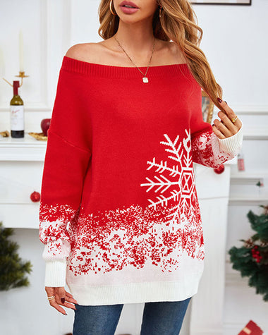 Snowflake Print Off-Shoulder Long Sleeve Sweater