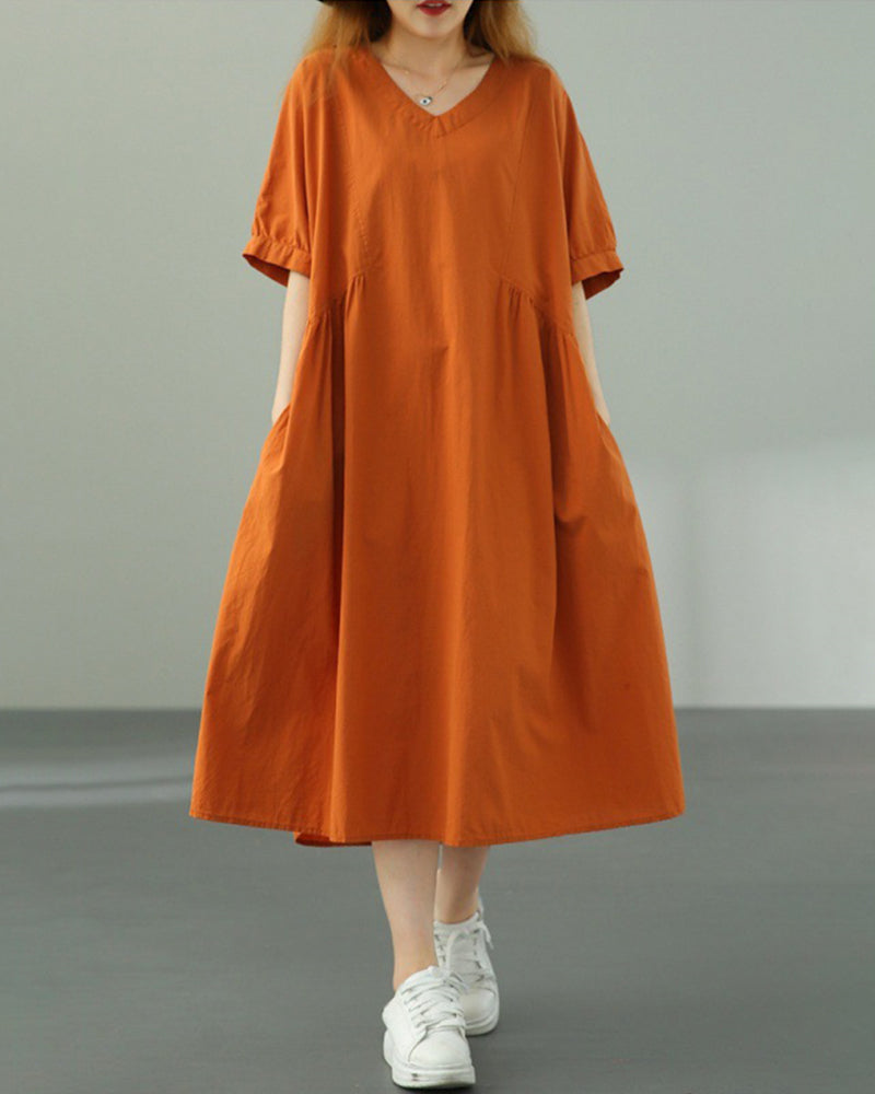 Summer Short Sleeve VNeck Solid Cotton Casual Dress with Pockets Zeagoo