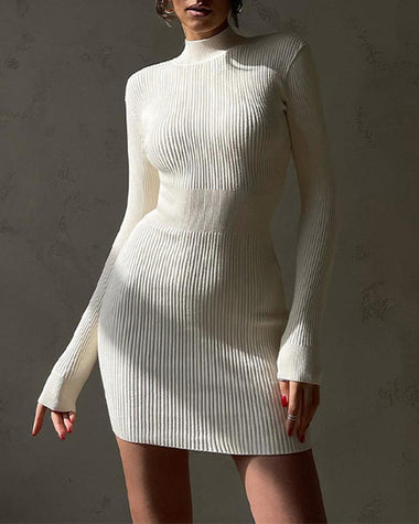 High Collar Mid-length Pitted Knitted Dresses Women's Solid Color Knitted Dress