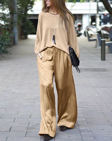 casual two piece soft loose long sleeve top wide leg pants set