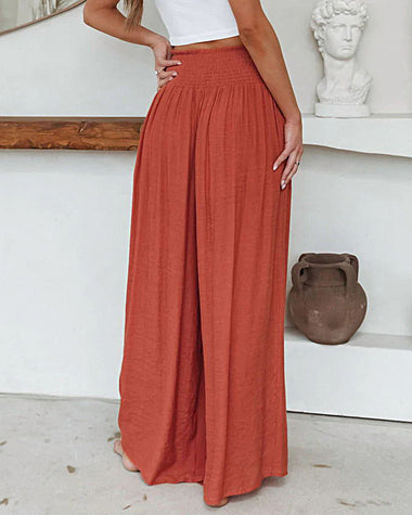 Loose Beach Elastic High Waist Casual Wide Leg Palazzo Yoga Lounge Trousers with Pockets