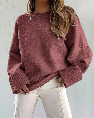 Women's Round Neck Long Sleeve Oversized Plush Knitted Thick Warm Pullover Sweater Top