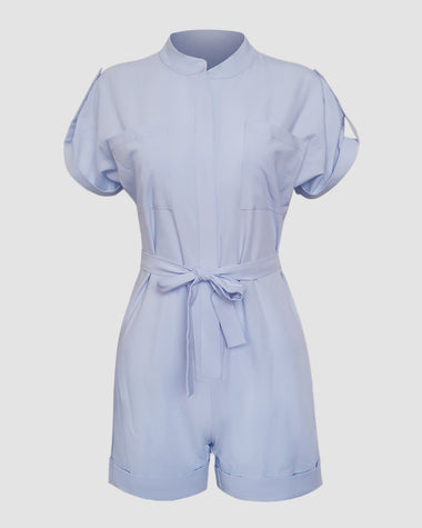 Single-breasted Jumpsuit with Large Pockets Solid Color Shorts Jumpsuits