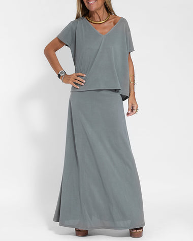 Two-piece Set Solid Short Sleeve O Neck Tank Maxi Skirt