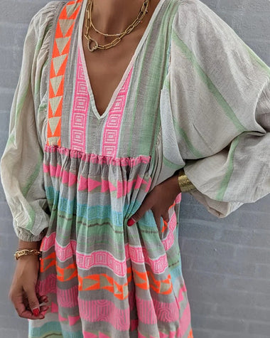Geometric Color Block Bohemian Casual Pleated Patchwork Long-sleeved V-neck Dress