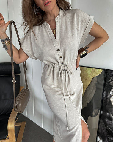 Cotton Linen Dress Round Neck Single Breasted Button Sleeves Drawstring Slit Mid Length Dress