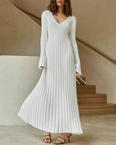 Long Sleeve Dress V-Neck Knit Maxi Dress Ribbed Elegant Long High Waist Pleated Dresses