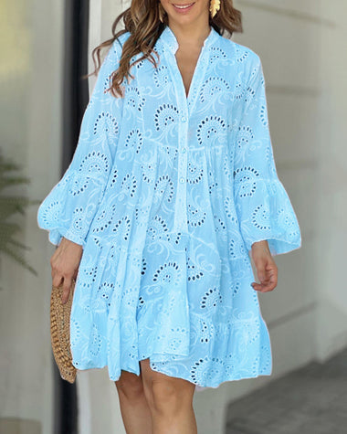 Loose Vintage Solid Color Hollow Out Lace Dress V-Neck Flare Sleeve Embroidery Mini Dress