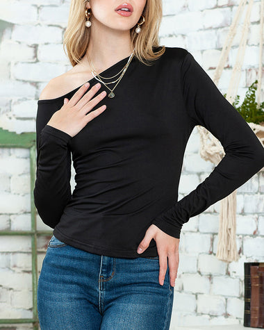 Women's One Off Shoulder Tops Asymmetrical Neck Long Sleeve Slim Wrap Tee Shirt Blouse