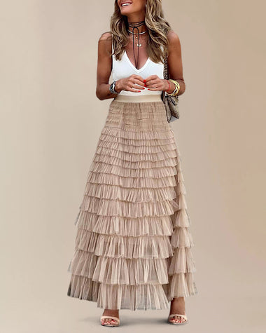 a line patchwork mesh cake skirt casual solid color high waist loose ruffled pleated long tulle skirt