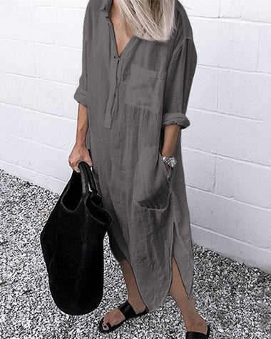 Lapel Casual Shirt Dresses Long Sleeve Pocket Sommer Maxi Dresses