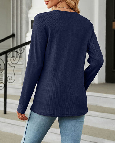 Solid Color V-Neck Button Loose Long Sleeve T-Shirt Top