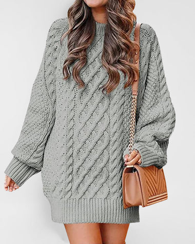Crewneck Long Sleeve Loose Oversized Cable Knit Chunky Pullover Short Sweater Dresses