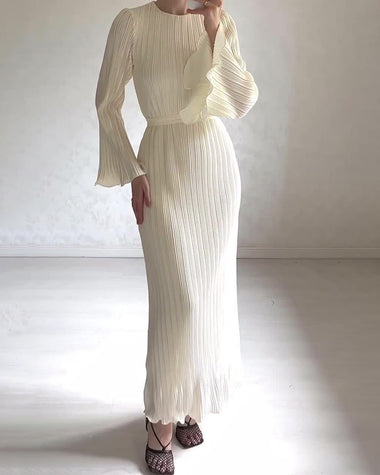 Pleated Bell Sleeve Back Tie Up Maxi Dress