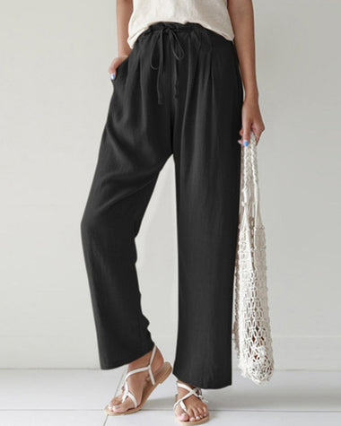 High Waist Trousers Solid Color Palazzo Pant Beach Casual Boho Drawstring Bottoms