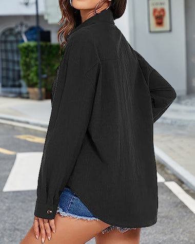 Solid Color Casual Long Sleeve Pocket Blouse
