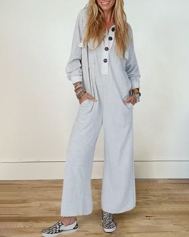 Casual Button Long Sleeve Jumpsuit