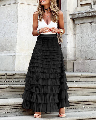 a line patchwork mesh cake skirt casual solid color high waist loose ruffled pleated long tulle skirt