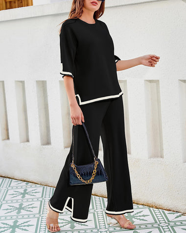 contrasting color slit short sleeved sweater wide leg trousers two piece set