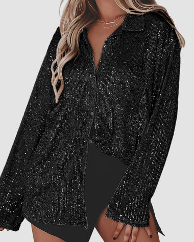 Solid Color Button-down Long-sleeve Sequined Cardigan Shirt