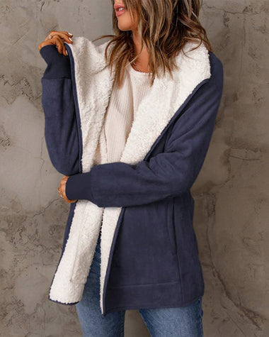 Fleece Long Sleeve Warm Teddy Coat Lapel Cardigan With Pocket