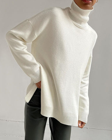 Turtleneck Loose Hem Slit Long Sleeve Knitted Pullover Sweater Tops