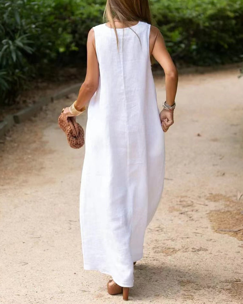 V Neck Pocket Loose Long Boho Dress Summer Sleeveless Tank Beach Dress ...