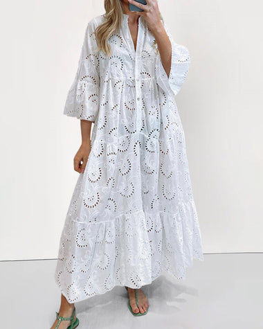 Loose Vintage Solid Color Hollow-out Lace Dress V-neck Flare Sleeve Embroidery Maxi Dress