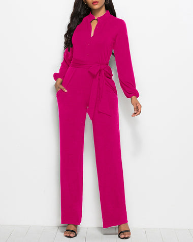 Elegant Long Sleeve Straight Long Pants Jumpsuits Clubwear Rompers with Pockets