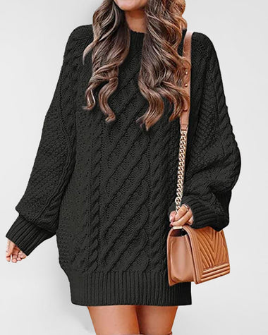 Crewneck Long Sleeve Loose Oversized Cable Knit Chunky Pullover Short Sweater Dresses