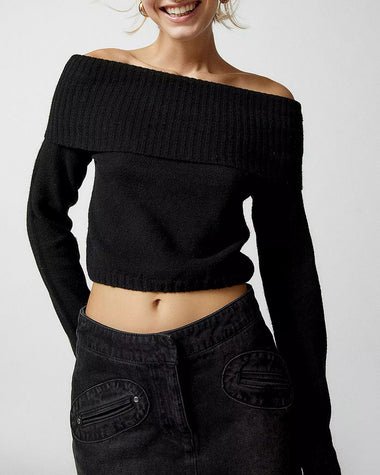 Chic Off Shoulder Sweater Solid Basic Sexy Slim Fit Crop Top