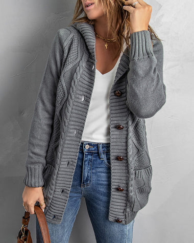 Hooded Fleece Lined Sweater Cardigan Button Down Front Winter Coat
