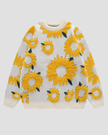 Sunflower Pattern Embroidery Knit Sweater Casual Loose Round Neck Unisex Sweater
