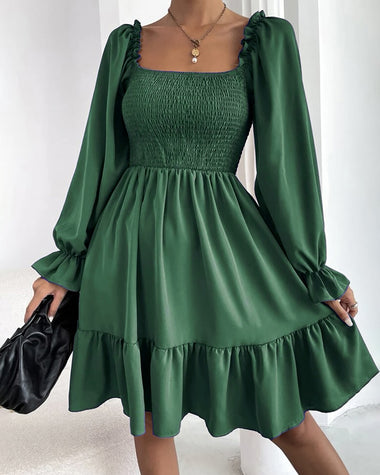 Square Neck Long Sleeve Shirred Ruffle Hem Dresses High Waist A Line Knee Length Elegant Mini Dress
