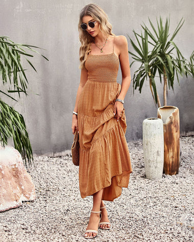 Sleeveless Lace-up Backless Smocked Tiered Maxi Dress Boho Long Beach Sundresses