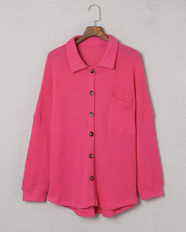 Waffle Knit Button Down Shirt Long Sleeve Loose Solid Color Tops