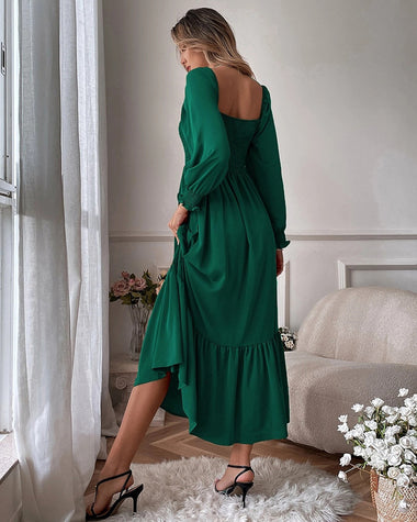 Solid Color Long Sleeve Dress Square Neck Lotus Leaf Maxi Dress
