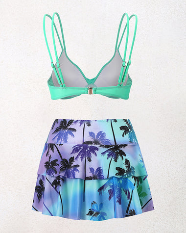 Split High-waisted Lotus Leaf Edge Printing Bikini Swimsuit