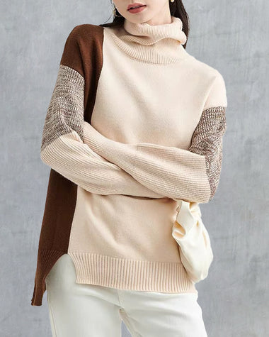 Color Stitching Pullover Wool Long Sleeve Loose Turtleneck Knit Sweater